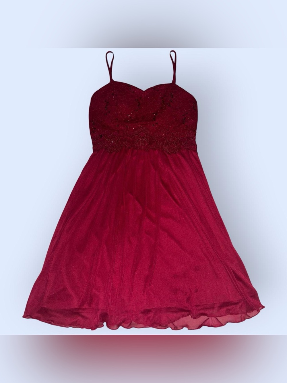 BCX Burgundy Spaghetti-Strap Lace & Chiffon Mini Dress